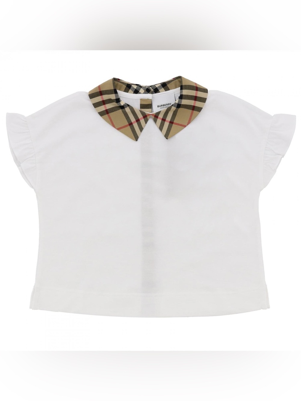 Burberry White Girls Top with Signature Beige Check Collar